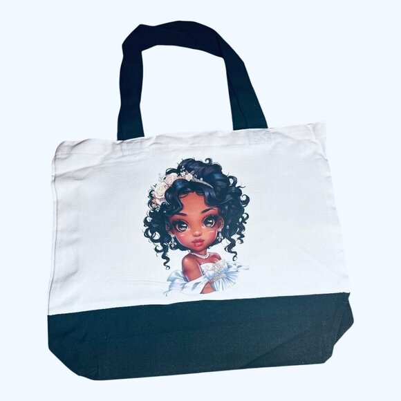 Large Canvas Tote Bag with Elegant Girl in White Dress | Hand Pressed | 17”x14” - Picture 1 of 5